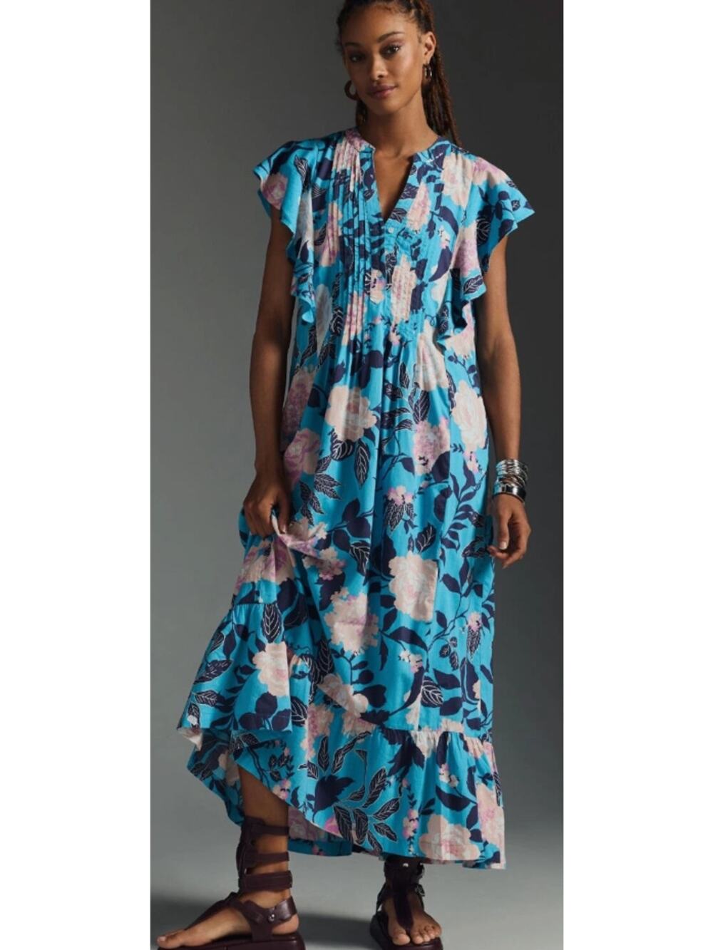 Maeve The Cassandra Maxi Dress in Botanical Motif Floral Blue Small